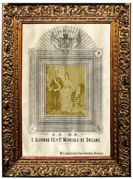 Madrid, reproducción de un cuadro con la imagen de los reyes de España Alfonso XII y María de las Mercedes con motivo de su boda. Fotógrafo desconocido.