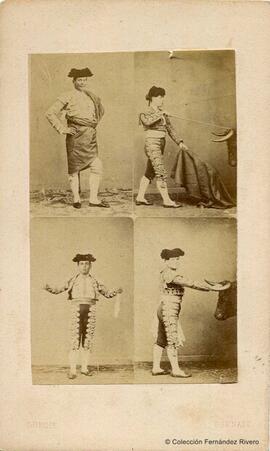 Granada, cuatro retratos de un torero en diversas actitudes, en un estudio con un toro simulado. Dubois.