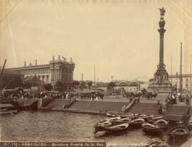 Barcelona, Plaza del Portal de la Paz, el embarcadero, el monumento a Colón y la Aduana. Quinsac.
