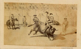 Madrid, reproducción de un dibujo de una corrida de toros, torero saltando sobre el toro. José González Ros.
