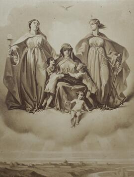 Reproducción óleo de Pierre Eugene Lacoste fechado en 1856. Tres santas rodeadas de niños en el cielo. Autor desconocido.