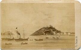 Reproducción del grabado de Guesdon que reproduce el óleo de Ricardo Bouquet titulado "Napoleón III en San Sebastián". P. y Fargas fot.