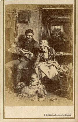 Barcelona, reproducción de un óleo de autor desconocido: "Scottish family in their cottage". Rovira y Durán