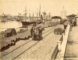 Sevilla, puerto en el río Guadalquivir y Torre del Oro. Léon et Lévy.