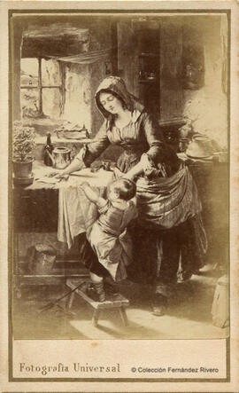 Barcelona, reproducción de un óleo de autor desconocido: mujer con un niño poniendo la mesa. Rovira y Durán