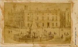Barcelona, reproducción de un grabado con el Palacio de la Generalitat. Rafael Rocafull.