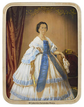 Barcelona, retrato de señora elegantemente vestida, con abanico y pañuelo. Moliné y Albareda y Charles Gaumain.