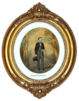 Barcelona, retrato de un señor elegante con sombrero de copa en la mano, sobre un fondo pintado. Moliné y Albareda.