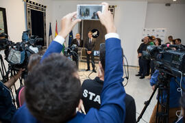 Rueda de prensa del ministro Pedro Duque y José Ángel Narváez en la Universidad de Málaga. Edific...