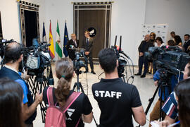 Rueda de prensa del ministro Pedro Duque en la Universidad de Málaga. Edificio del Rectorado. Jun...