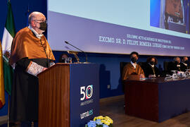 Laudatio de Carlos Camacho Peñalosa. Padrino en la investidura de Felipe Romera como Doctor "Honoris Causa" por la por la Escuela Técnica Superior de Ingeniería de Telecomunicación de la Universidad de Málaga. Paraninfo. Marzo de 2022