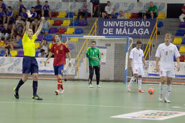 Partido España contra Bielorrusia. 14º Campeonato del Mundo Universitario de Fútbol Sala 2014 (FUTSAL). Antequera. Julio de 2014