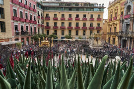 Tronos en el acto de la Hermandad de los Estudiantes en la Catedral. Plaza del Obispo, Málaga. Abril de 2022
