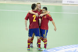 Partido España contra Bielorrusia. 14º Campeonato del Mundo Universitario de Fútbol Sala 2014 (FUTSAL). Antequera. Julio de 2014