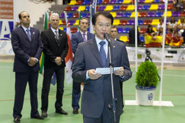 Intervención de Kenny Chow. Acto de clausura y entrega de medallas. 14º Campeonato del Mundo Universitario de Fútbol Sala 2014 (FUTSAL). Antequera. Julio de 2014