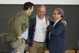 Ernesto Pimentel, Miguel de Aguilera y José Ángel Narváez tras el debate electoral entre los candidatos a Rector de la Universidad de Málaga. Escuela Técnica Superior de Ingeniería Industrial. Noviembre de 2015