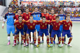 Jugadores de España. Partido España contra Bielorrusia. 14º Campeonato del Mundo Universitario de Fútbol Sala 2014 (FUTSAL). Antequera. Julio de 2014