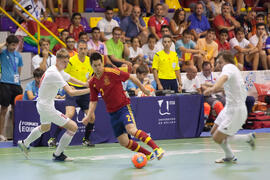 Partido España contra Bielorrusia. 14º Campeonato del Mundo Universitario de Fútbol Sala 2014 (FUTSAL). Antequera. Julio de 2014