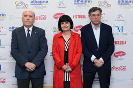 Pedro Montiel, Tecla Lumbreras y Antonio Rengel. Inauguración de la exposición "Málaga en el Objetivo". Complejo Polideportivo Universitario. Mayo de 2019