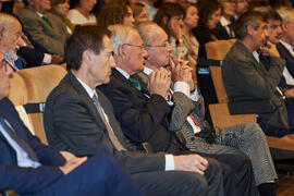 Francisco de la Torre asiste a la conferencia de Pablo Hernández de Cos en la Facultad de Ciencias Económicas y Empresariales de la Universidad de Málaga. Paraninfo. Octubre de 2022